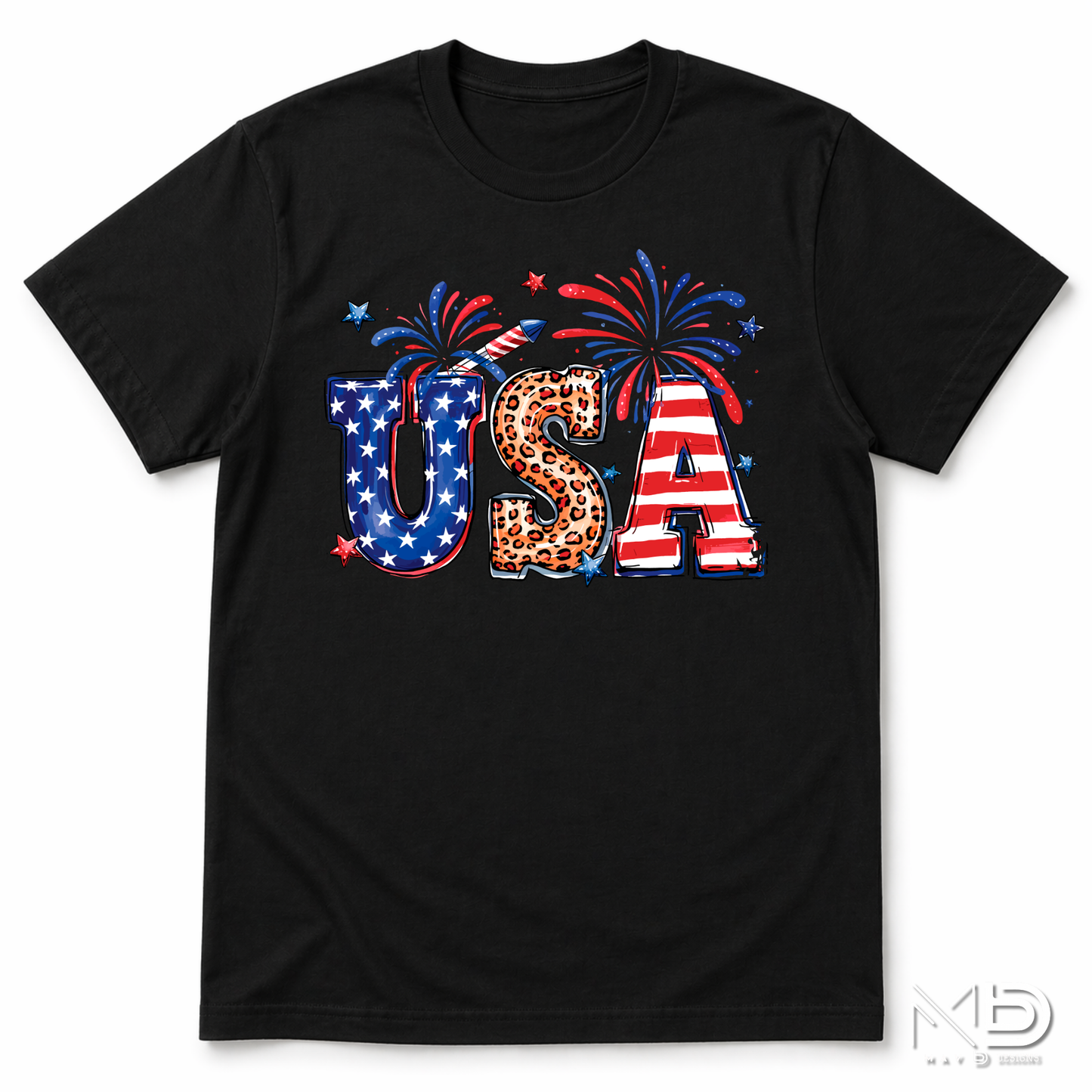 USA Fireworks Leopard Print Shirt | Patriotic Red White Blue Tee | Cute Fourth of July Graphic Shirt