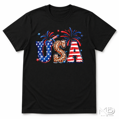 USA Fireworks Leopard Print Shirt | Patriotic Red White Blue Tee | Cute Fourth of July Graphic Shirt
