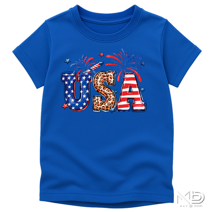 USA Fireworks Leopard Print Shirt | Patriotic Red White Blue Tee | Cute Fourth of July Graphic Shirt