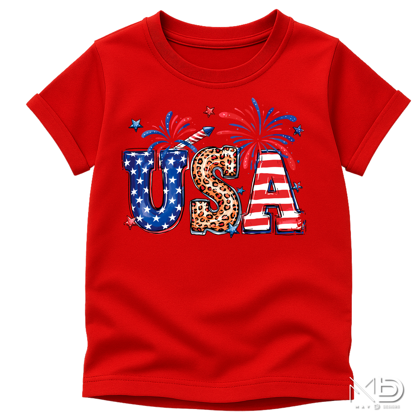 USA Fireworks Leopard Print Shirt | Patriotic Red White Blue Tee | Cute Fourth of July Graphic Shirt