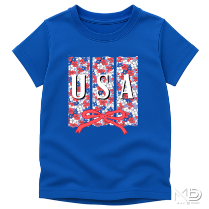 Floral USA Patriotic Shirt | Red White Blue Bow Tee | Cute Fourth of July Floral USA Shirt