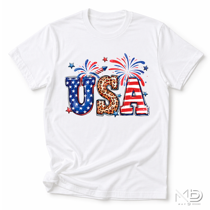 USA Fireworks Leopard Print Shirt | Patriotic Red White Blue Tee | Cute Fourth of July Graphic Shirt