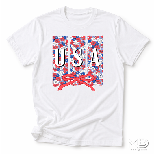 Floral USA Patriotic Shirt | Red White Blue Bow Tee | Cute Fourth of July Floral USA Shirt