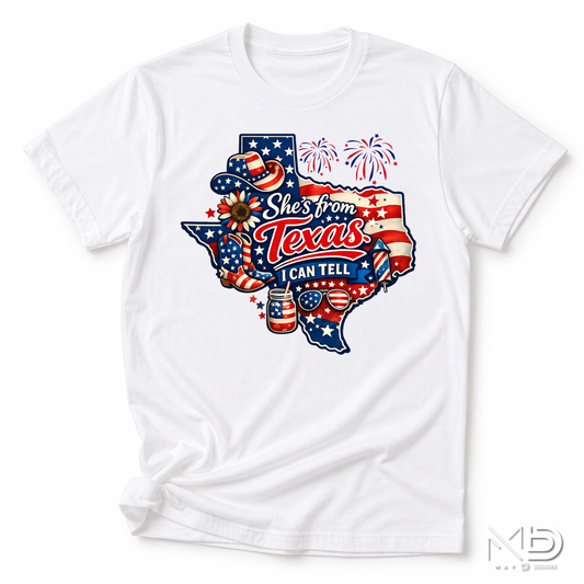 She’s From Texas I Can Tell Shirt | Patriotic Texas Girl Tee | Red White Blue Texas Fourth of July Shirt