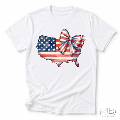 Patriotic USA Bow Shirt | American Flag USA Map Tee | Cute Fourth of July Women’s Shirt