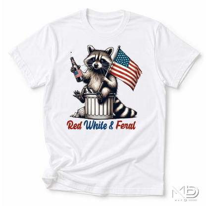 Red White & Feral Raccoon Shirt | Funny Patriotic Fourth of July Tee | American Flag Trash Panda T-Shirt
