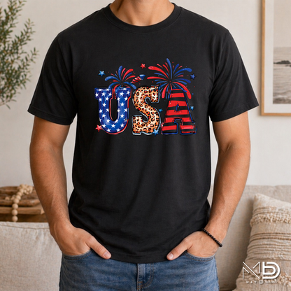 USA Fireworks Leopard Print Shirt | Patriotic Red White Blue Tee | Cute Fourth of July Graphic Shirt