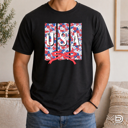 Floral USA Patriotic Shirt | Red White Blue Bow Tee | Cute Fourth of July Floral USA Shirt