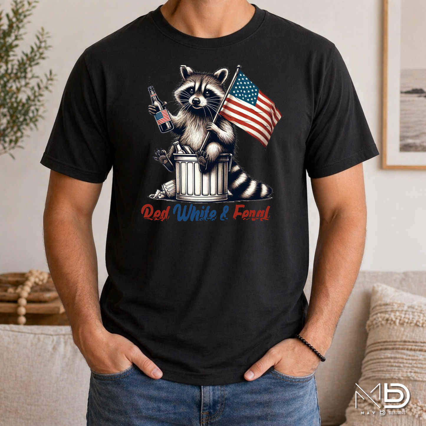 Red White & Feral Raccoon Shirt | Funny Patriotic Fourth of July Tee | American Flag Trash Panda T-Shirt