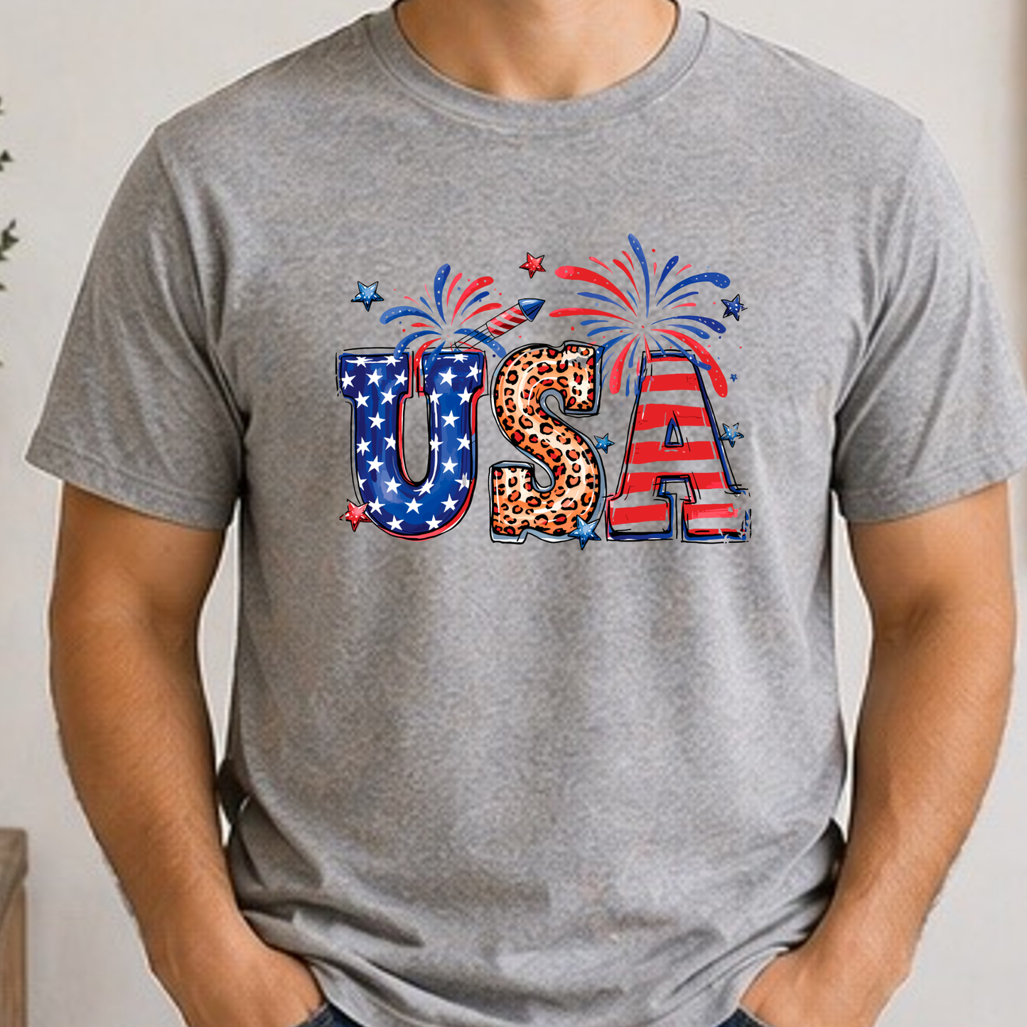 USA Fireworks Leopard Print Shirt | Patriotic Red White Blue Tee | Cute Fourth of July Graphic Shirt