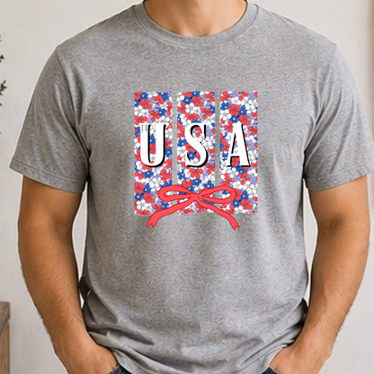 Floral USA Patriotic Shirt | Red White Blue Bow Tee | Cute Fourth of July Floral USA Shirt