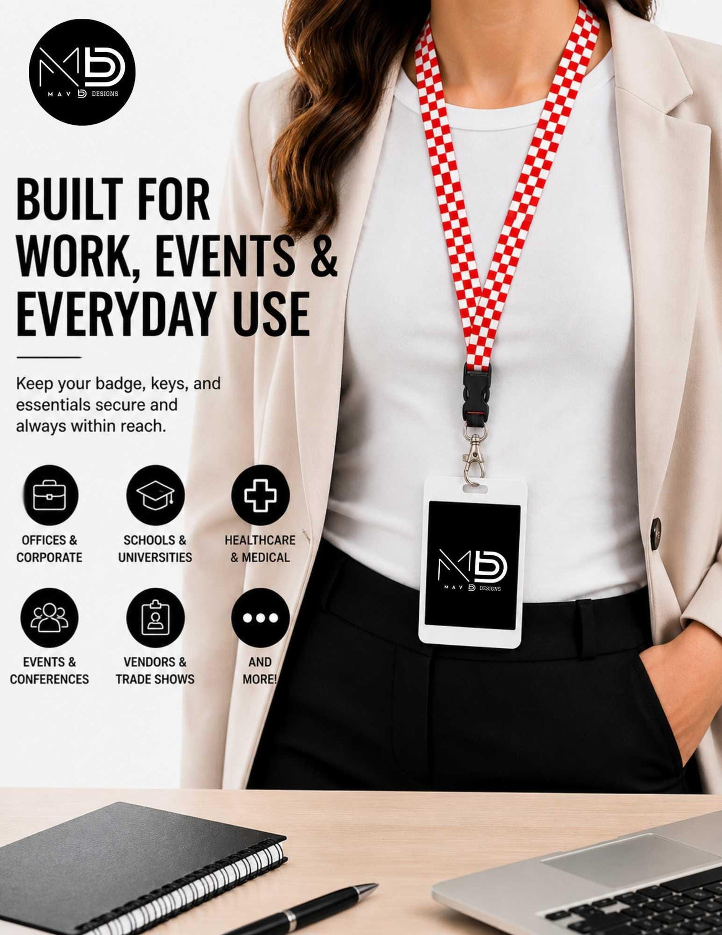 Pink Checkerboard Lanyard – Breakaway ID Badge Holder | Durable Strap for Work, Keys & Everyday Use