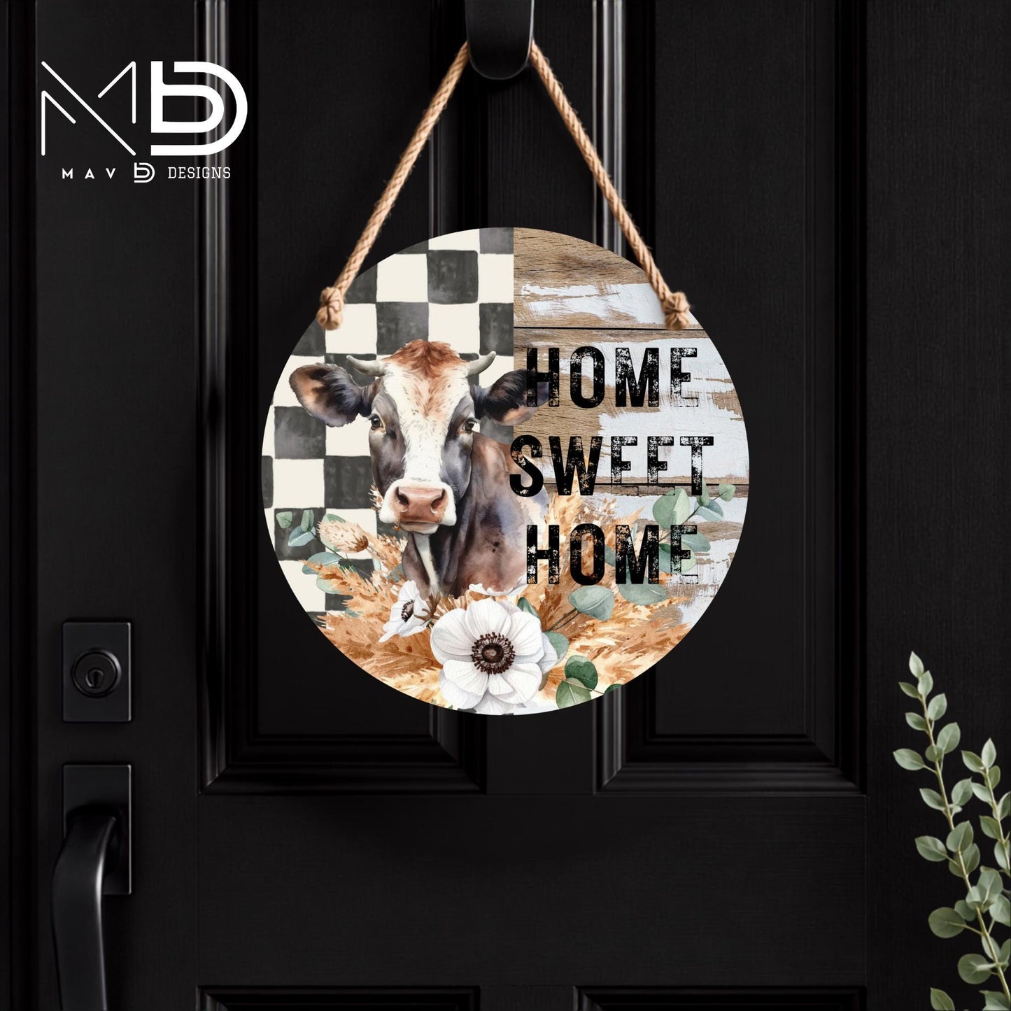 Rustic Home Sweet Home | 10” Round Metal Door Hanger | Farmhouse Front Door Sign