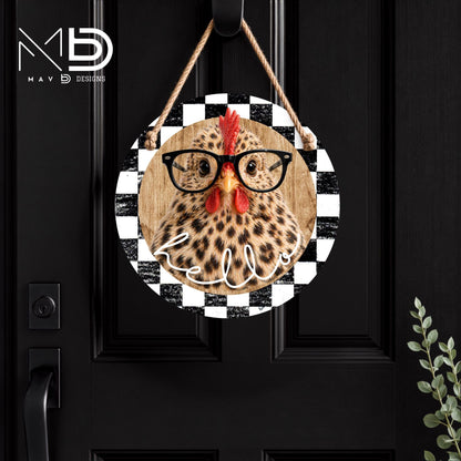 Leopard Chicken With Glasses - Hello | 10” Round Metal Door Hanger | Rustic Chic Front Door Sign