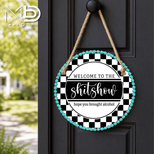 Welcome To The Show Checkered Turquoise | 10” Round Metal Door Hanger | Rustic Chic Front Door Sign