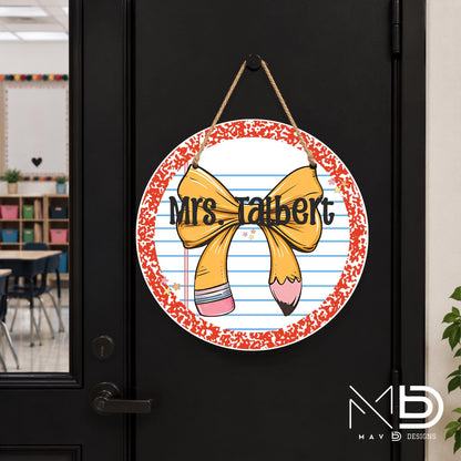 Red Composition Bow | Personalized Teacher Door Hanger | Custom Classroom Sign | 10” Metal Door Decor