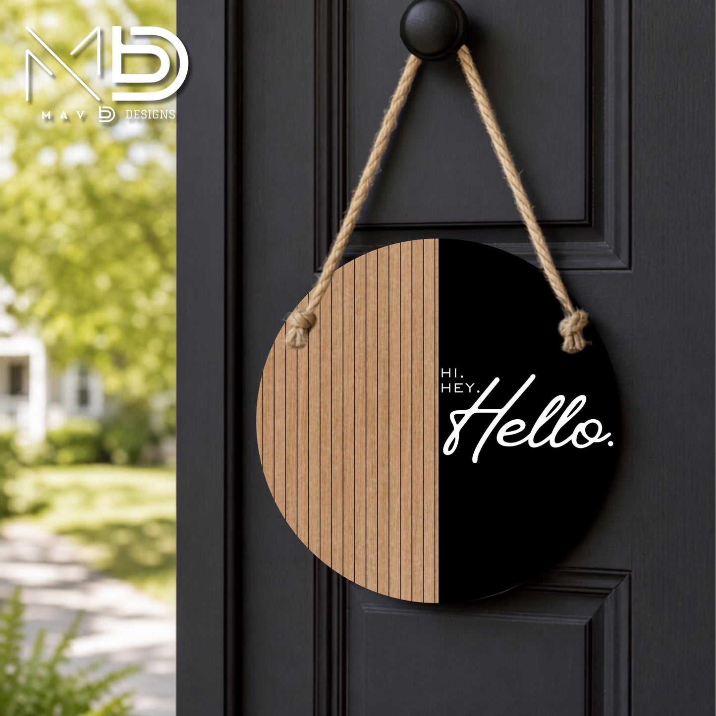 Wooden and Black Hi Hey Hello 10” Round Metal Door Hanger | Farmhouse Front Door Sign