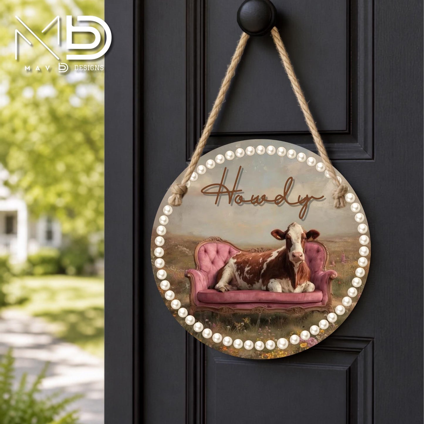 Howdy Cow and Pearls | 10” Round Metal Door Hanger | Farmhouse Front Door Sign