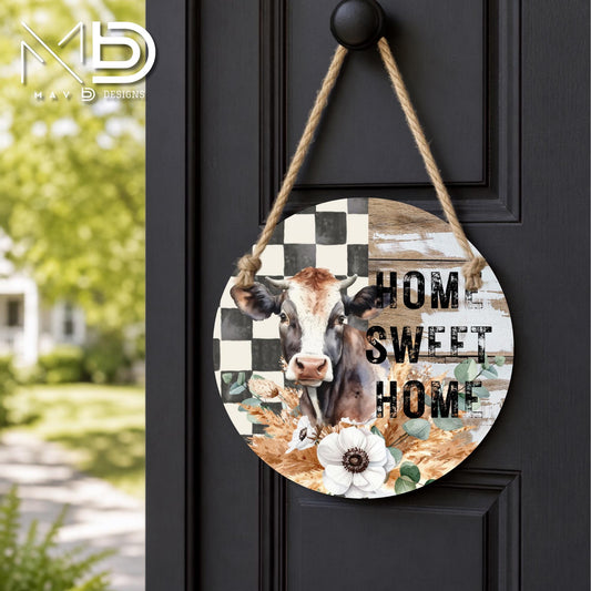 Rustic Home Sweet Home | 10” Round Metal Door Hanger | Farmhouse Front Door Sign
