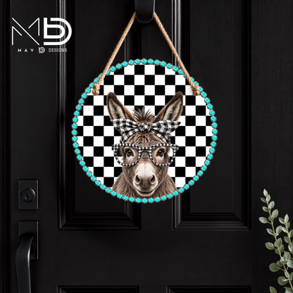 Smarty Donkey With Glasses Checkered  | 10” Round Metal Door Hanger | Rustic Chic Front Door Sign