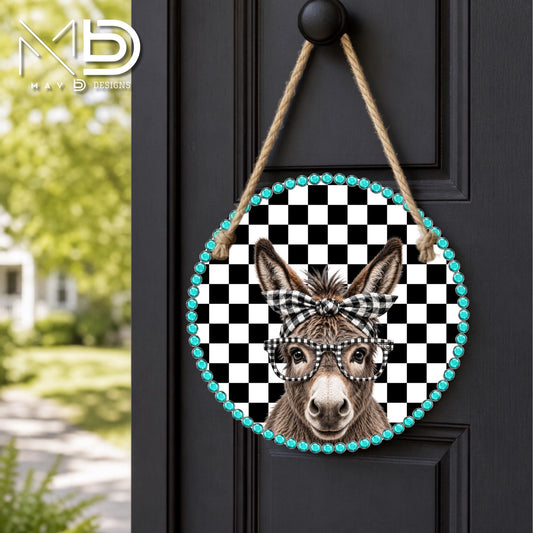 Smarty Donkey With Glasses Checkered  | 10” Round Metal Door Hanger | Rustic Chic Front Door Sign