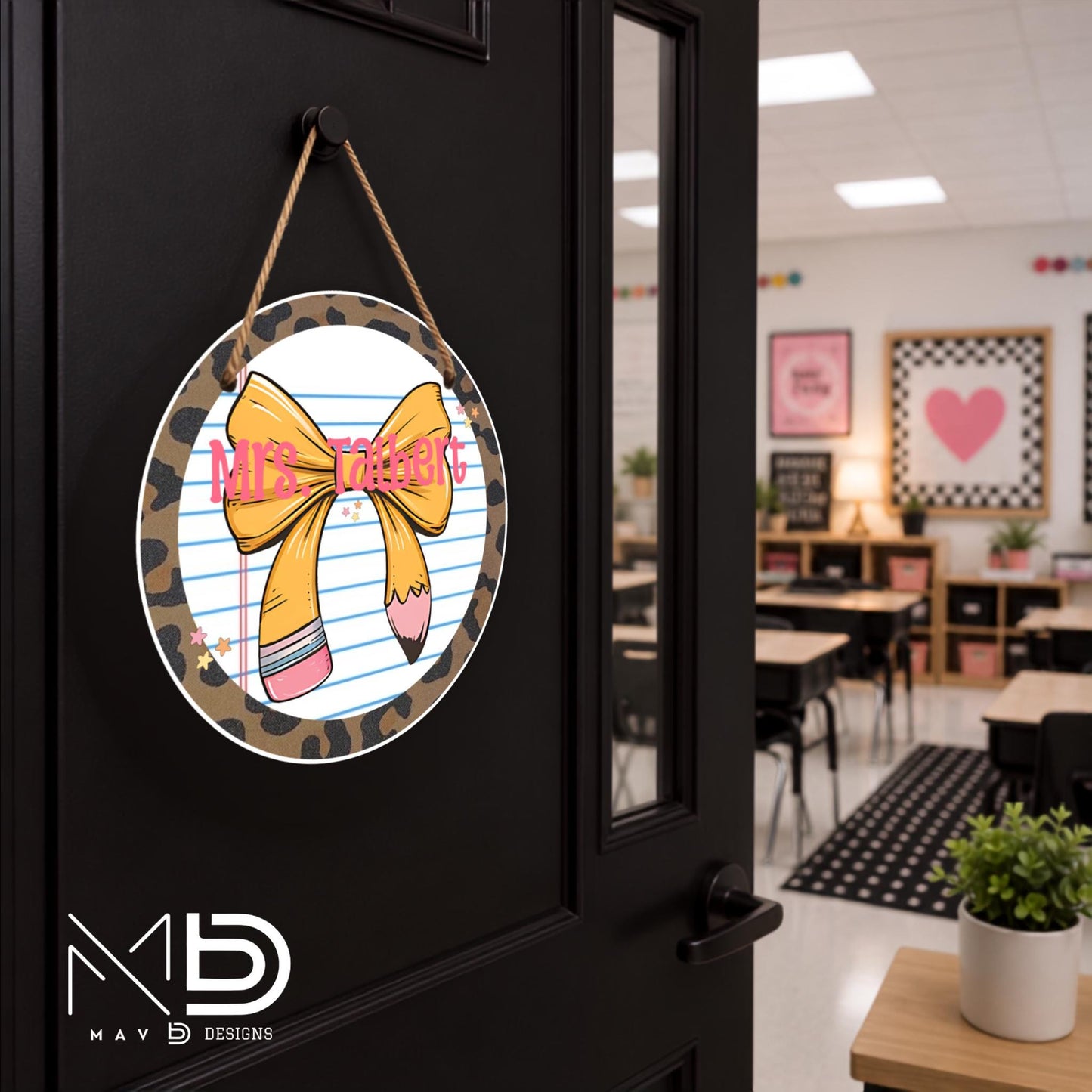 Leopard Paper Bow | Personalized Teacher Door Hanger | Custom Classroom Sign | 10” Metal Door Decor