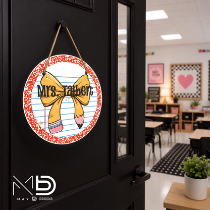 Red Composition Bow | Personalized Teacher Door Hanger | Custom Classroom Sign | 10” Metal Door Decor