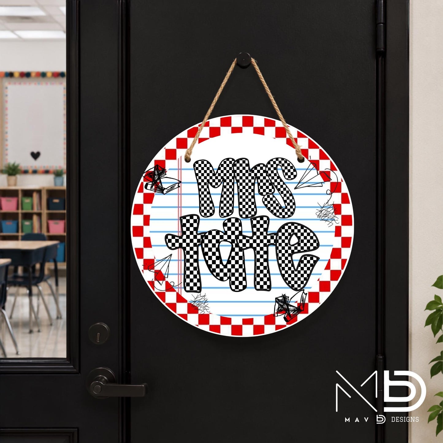 Red Retro Checkered Doodles | Personalized Teacher Door Hanger | Custom Classroom Sign | 10” Metal Door Decor