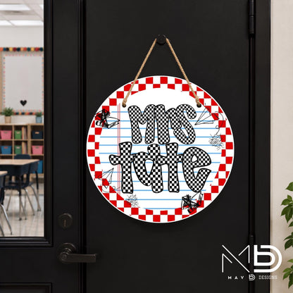Red Retro Checkered Doodles | Personalized Teacher Door Hanger | Custom Classroom Sign | 10” Metal Door Decor