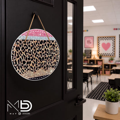 Glittery Leopard Pencil | Personalized Teacher Door Hanger | Custom Classroom Sign | 10” Metal Door Decor