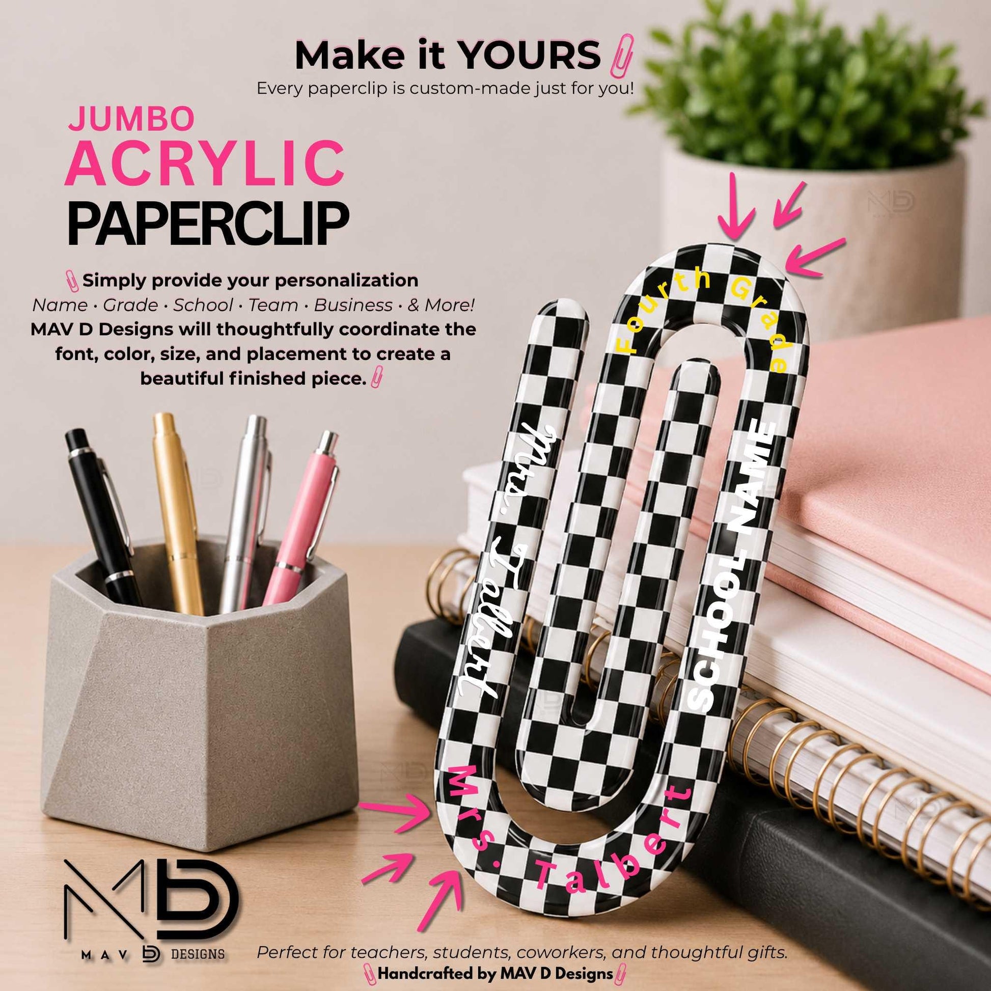 Personalized Jumbo Paperclip | Checkered Patterns | Retro Prints