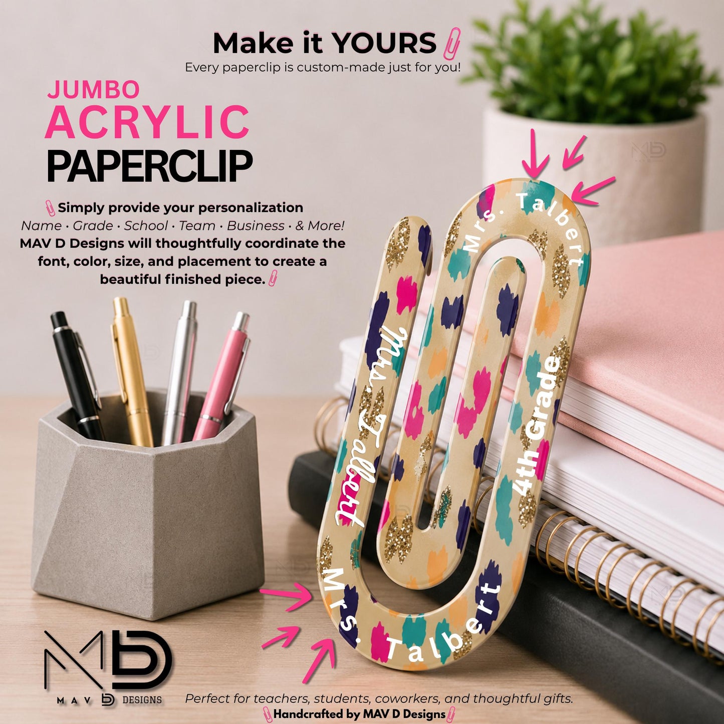 Personalized Jumbo Paperclip | Brush Strokes • Leopard Print | Sparkly Animal Prints