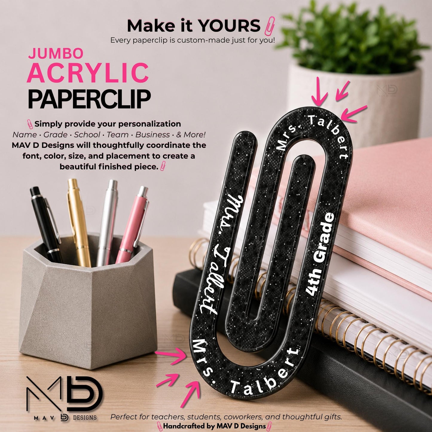Personalized Jumbo Paperclip | Black Chic Leopard Shimmer | Matte Black