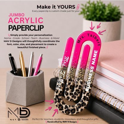 Personalized Jumbo Paperclip | Black • Cheetah Print • Pink Sparkles  | Chic Prints