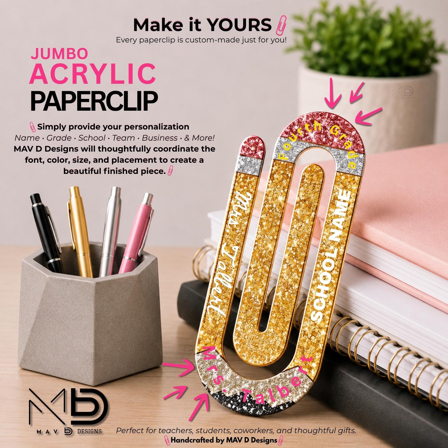 Personalized Jumbo Paperclip | Sparkly Pencil