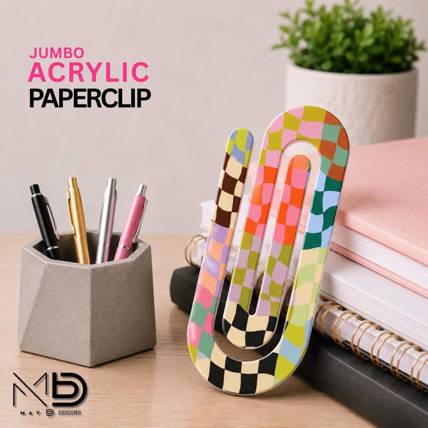 Personalized Jumbo Paperclip | Patchwork Checkered • Retro Checkered  | Chic Prints