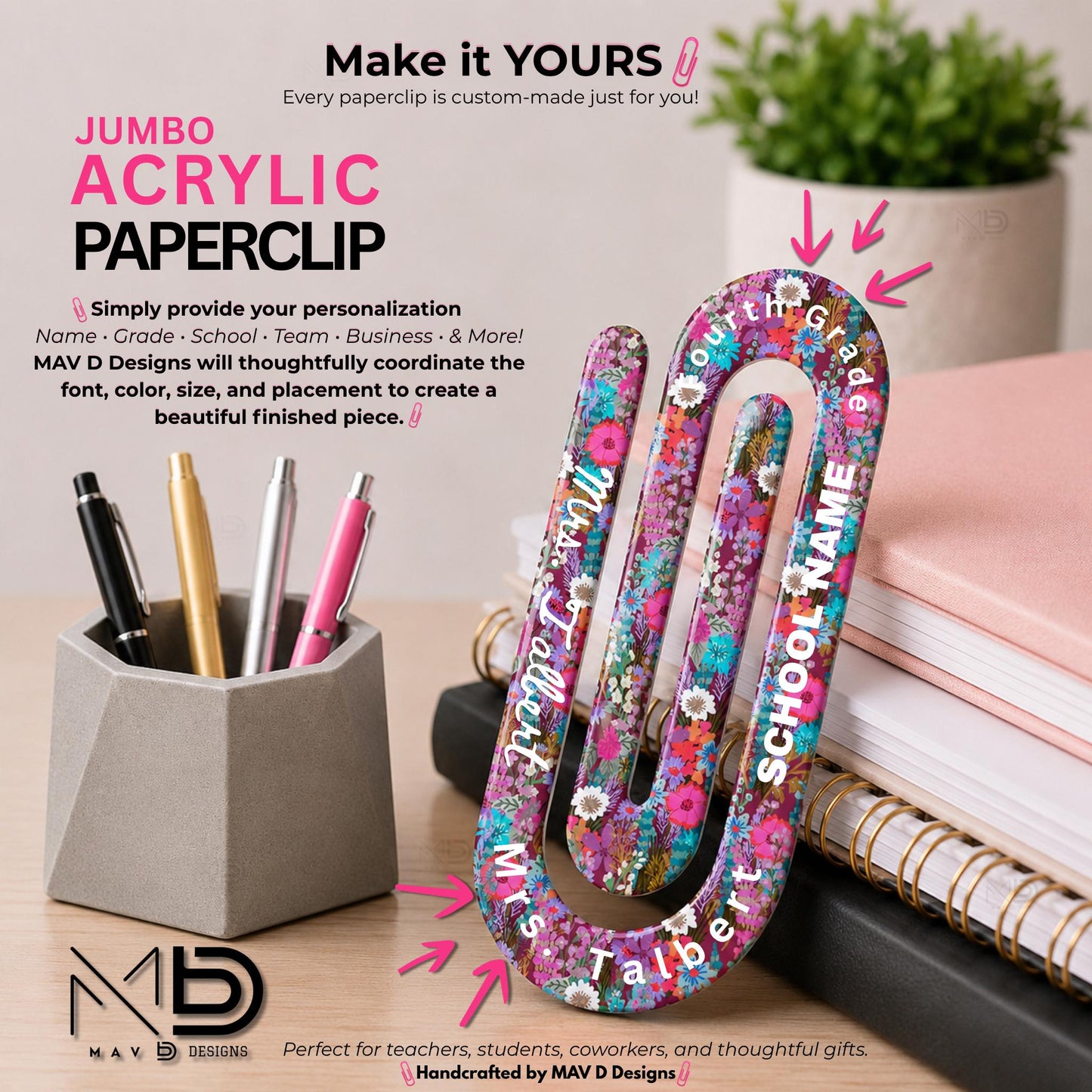 Personalized Jumbo Paperclip | Colorful Daisies  | Floral Prints