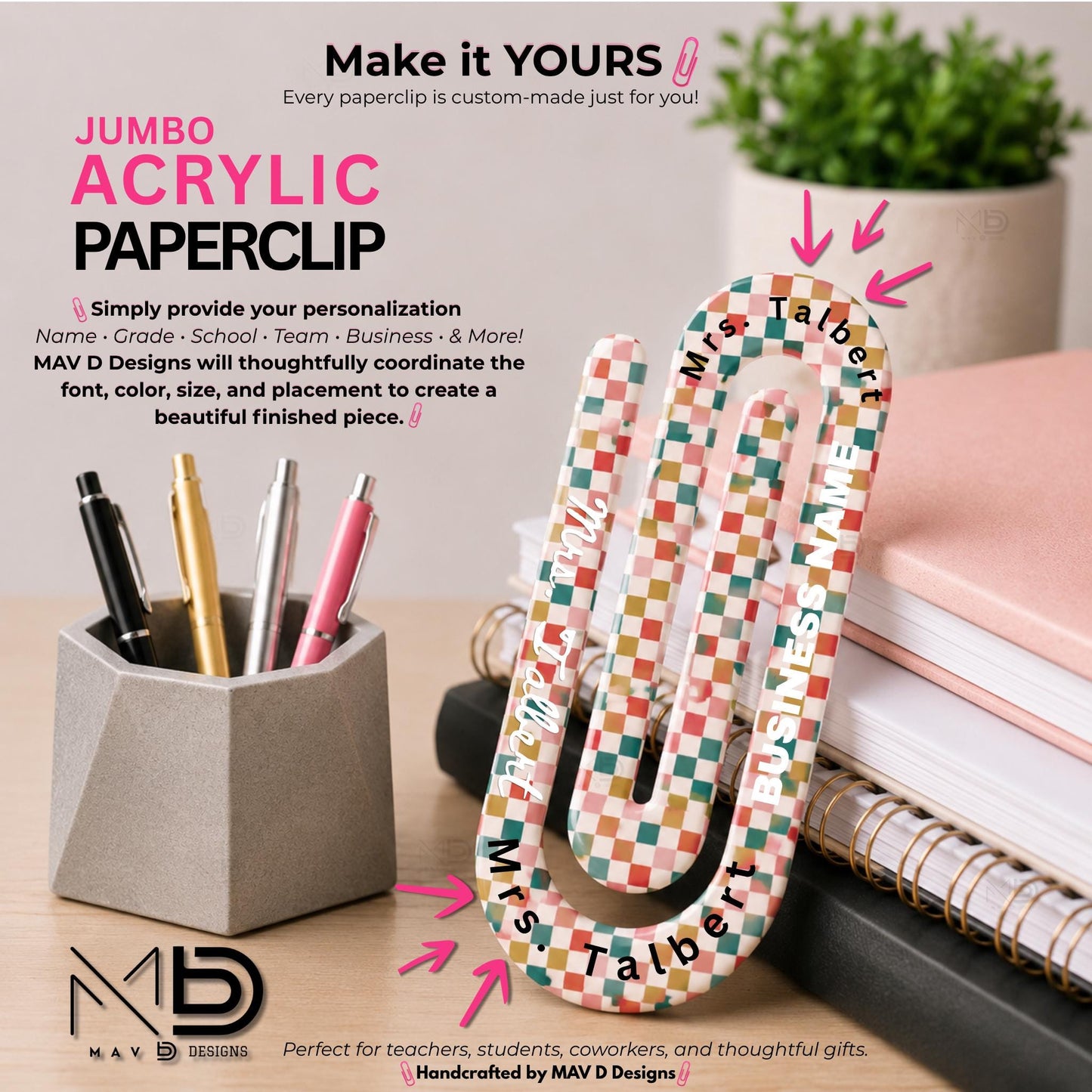 Personalized Jumbo Paperclip | Mini Checkered • Retro Checkered  | Chic Prints