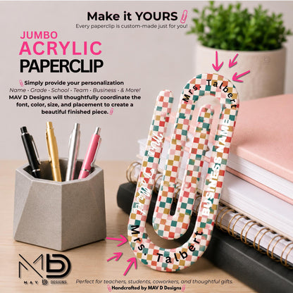 Personalized Jumbo Paperclip | Mini Checkered • Retro Checkered  | Chic Prints