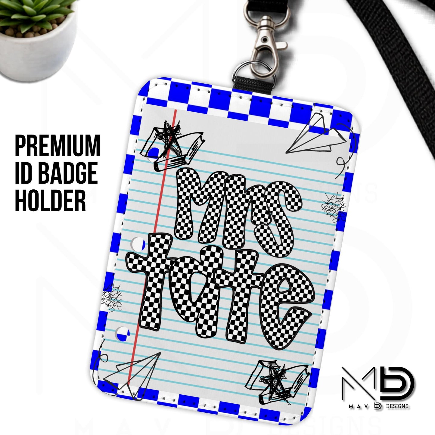 Personalized ID Badge Holder | Blue Checkered Paper Doodles