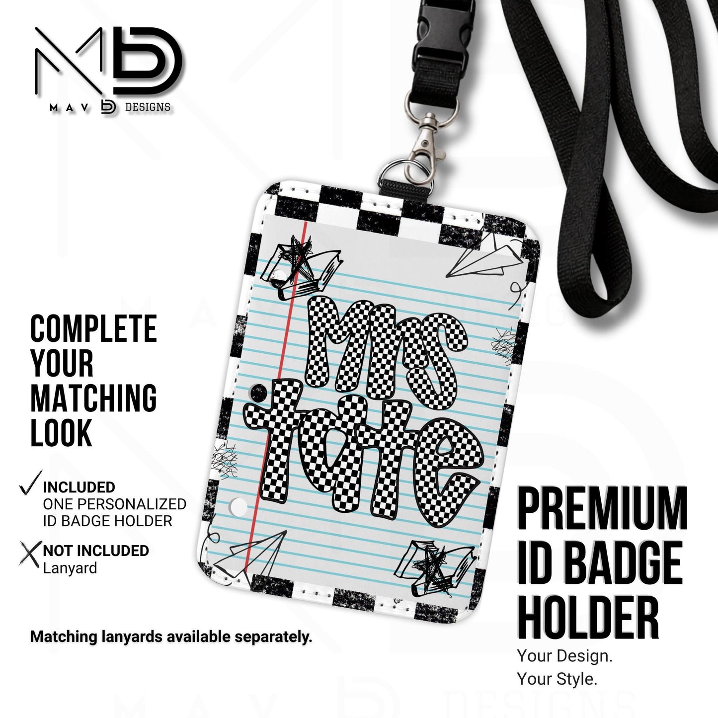 Personalized ID Badge Holder | Black Checkered Paper Doodles