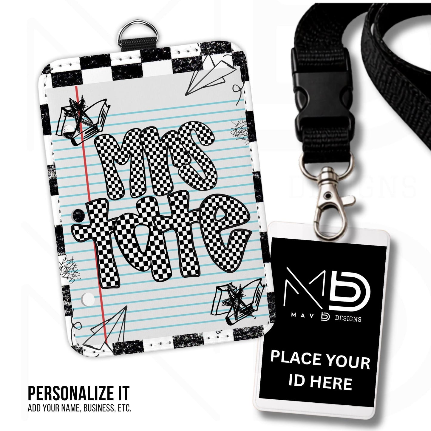 Personalized ID Badge Holder | Black Checkered Paper Doodles