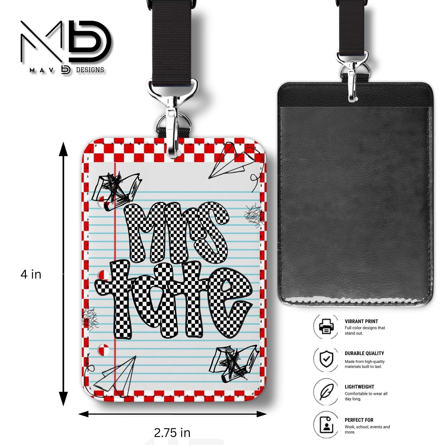 Personalized ID Badge Holder | Red Checkered Paper Doodles
