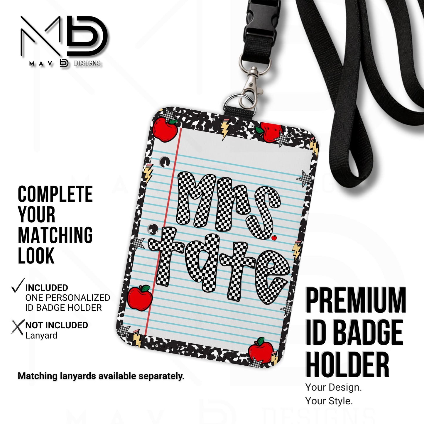 Personalized ID Badge Holder | Composition Checkered Paper Apples