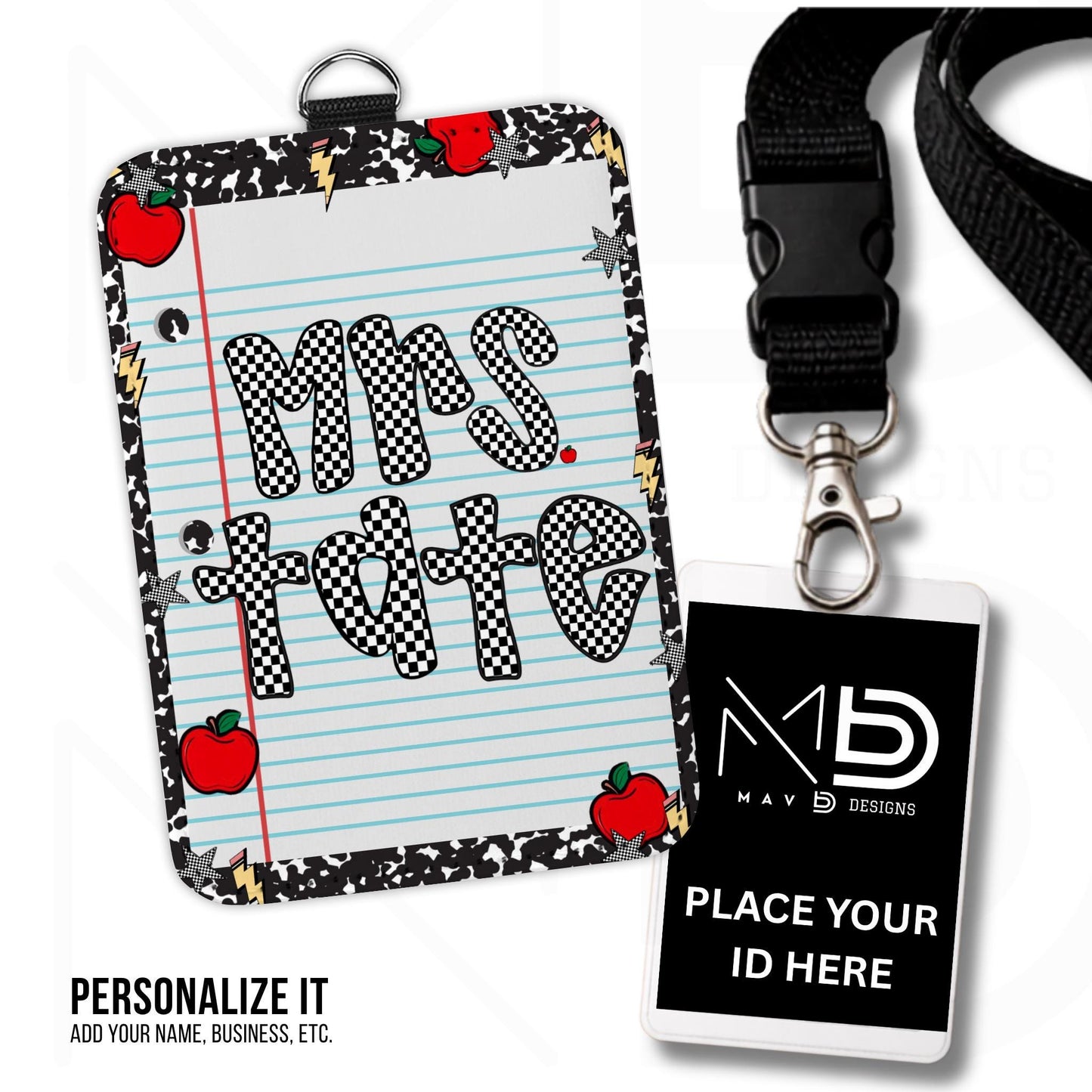Personalized ID Badge Holder | Composition Checkered Paper Apples