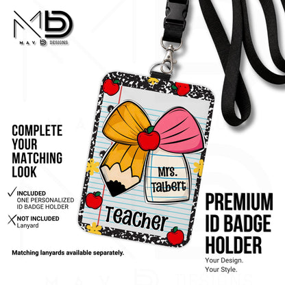 Personalized ID Badge Holder | Cutie Bow Black Composition Paper Apples | Teacher