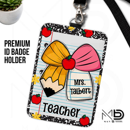 Personalized ID Badge Holder | Cutie Bow Black Composition Paper Apples | Teacher