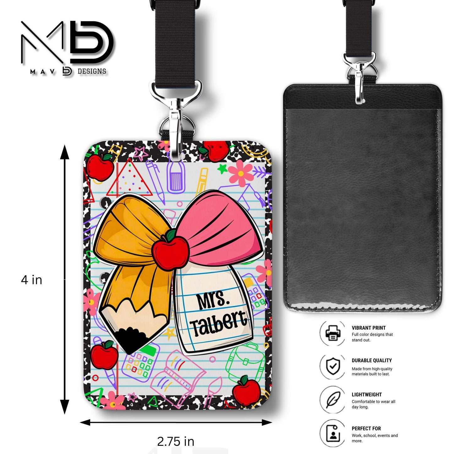 Personalized ID Badge Holder | Cutie Bow Black Composition Paper Apples | School Graphics
