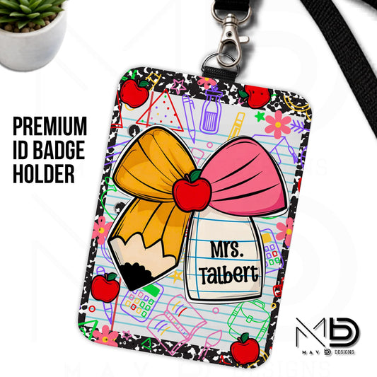 Personalized ID Badge Holder | Cutie Bow Black Composition Paper Apples | School Graphics
