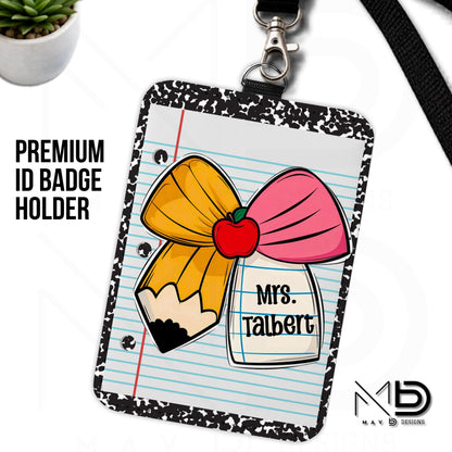 Personalized ID Badge Holder | Cutie Bow Black Composition Paper